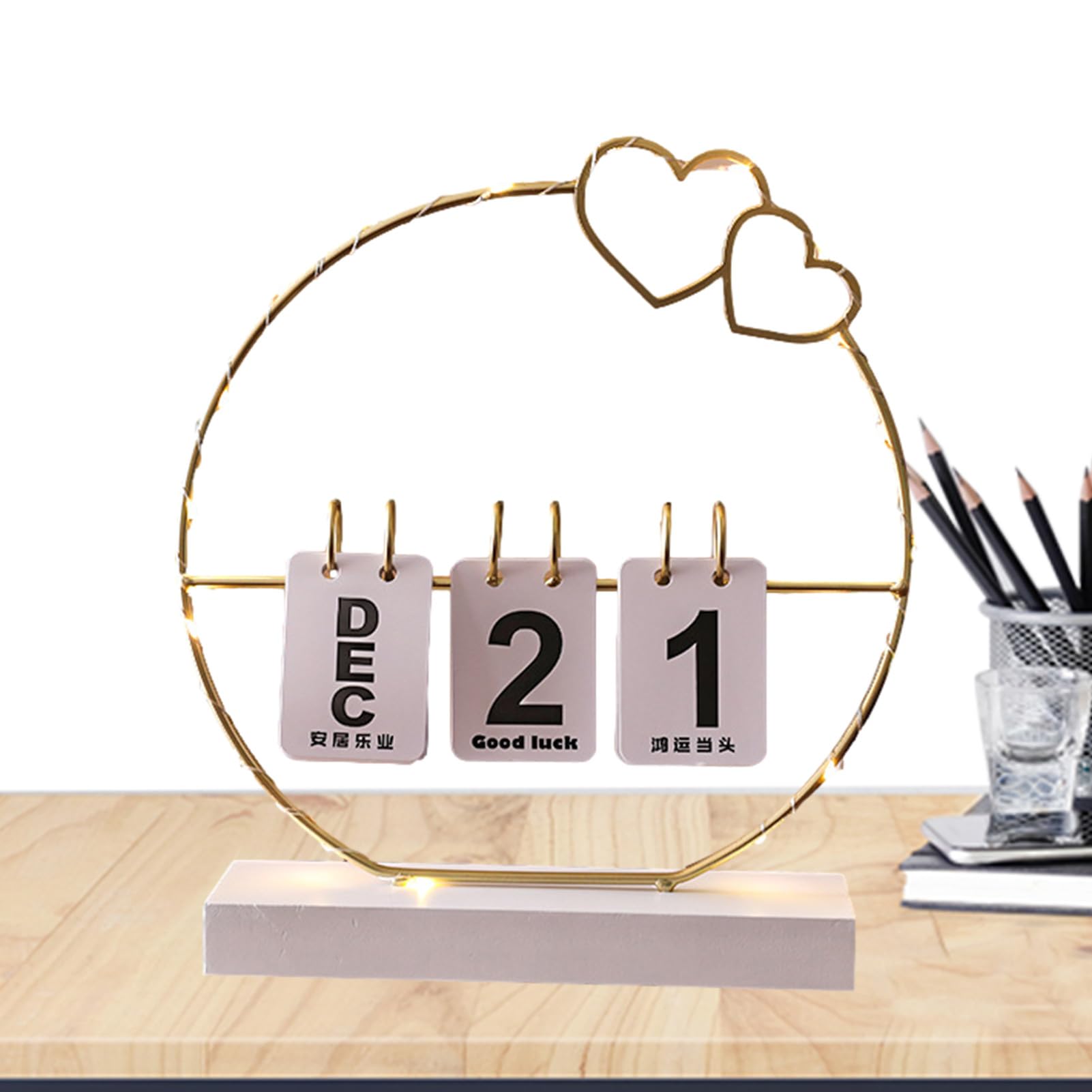 Perpetual Calendar,LED Metal Love Valentine Calendar | Modern Daily Desktop Calendar Wooden Stand for Home Decor, Reusable and Foldable Gruwkue
