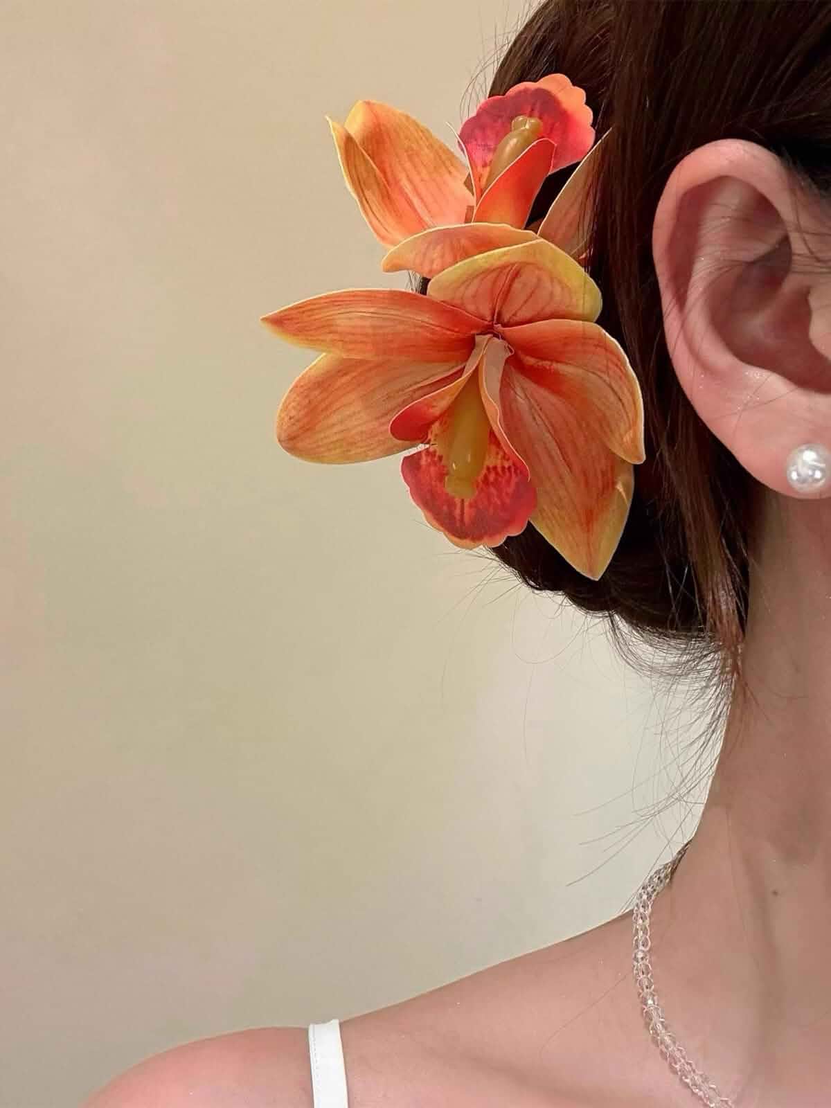 Hawaiian Flower Hair Clips for Women Orange Orchid Floral Hair Pins Artificial Orchid Hair Barrettes Hibiscus Flower Bridal Holiday Beach Party Wedding Decor Floral