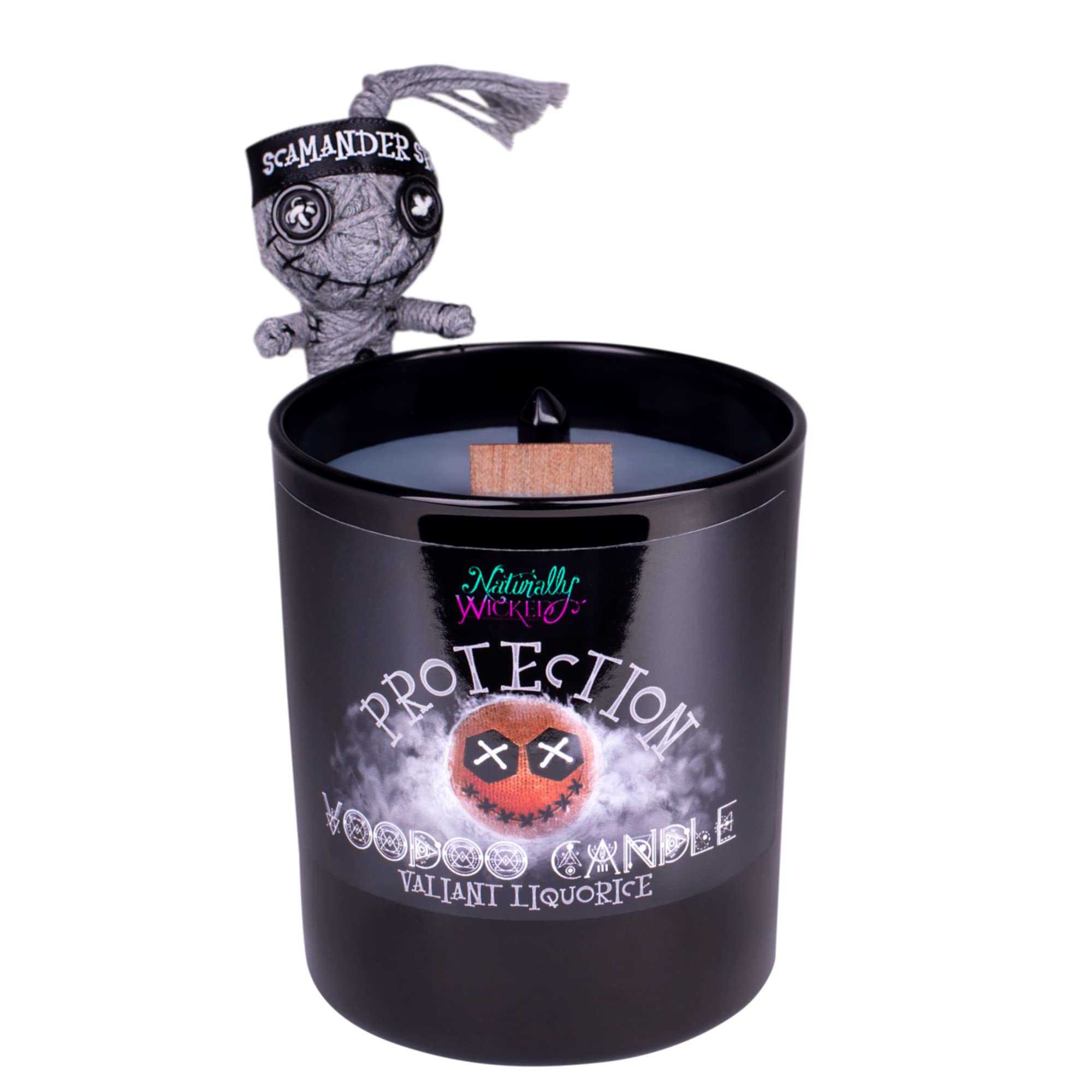 Voodoo Protection Candle Set - Inc. Voodoo Doll, Crystal, Wood Wick, Valiant Liquorice Scent & Gift Box