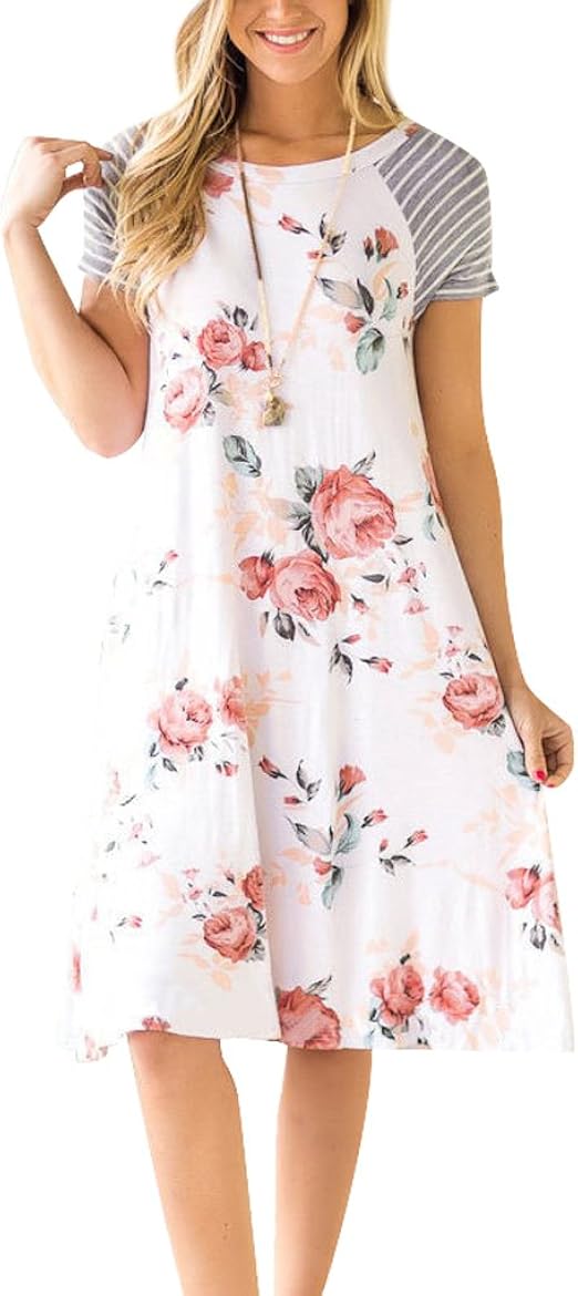 ISSHE Robe de Plage d été Femme Fleurie Cou Ronde Robe Courte Ete Robe Fluide Habillée Droite