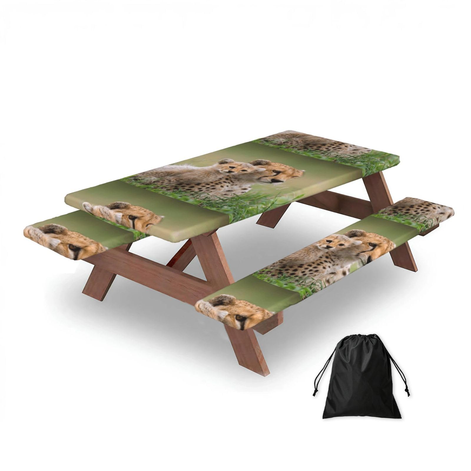 Dopklna As Picture Wild Animal Cheetah, Picnic Table Cover With Bench Covers -Waterproof Elastic Fitted Tablecloth For Garden Camping Patio 76X152cm