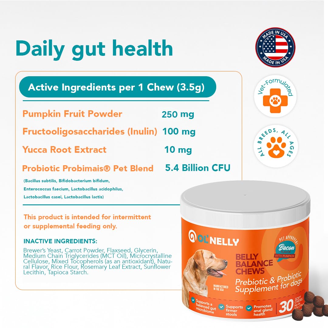 Dog Probiotic Chews – Pre & Probiotics for Dogs with Pumpkin-Digestive & Gut Health Support, Helps with Diarrhea, Gas & Constipation, Bacon Flavor, 30 Soft Chews – Ol'Nelly - image 8