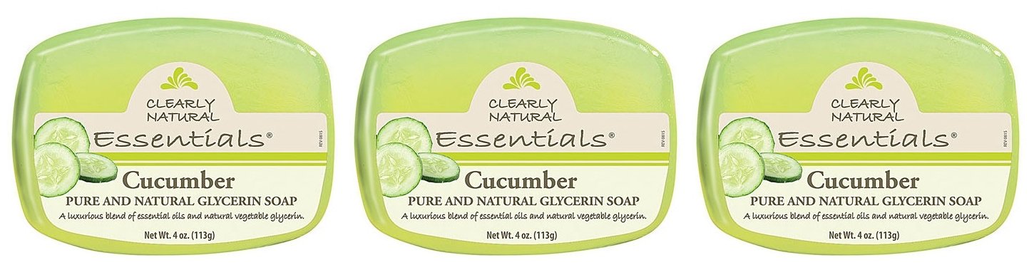 Clearly Natural Cucumber Glycerin Bar Soap (Pack of 3) With Glycerine, Sodium Stearate, Decyl Glucoside, Sorbitol, Sodium Oleate, Natural Fragrance and Essential Oils, 4 oz. each