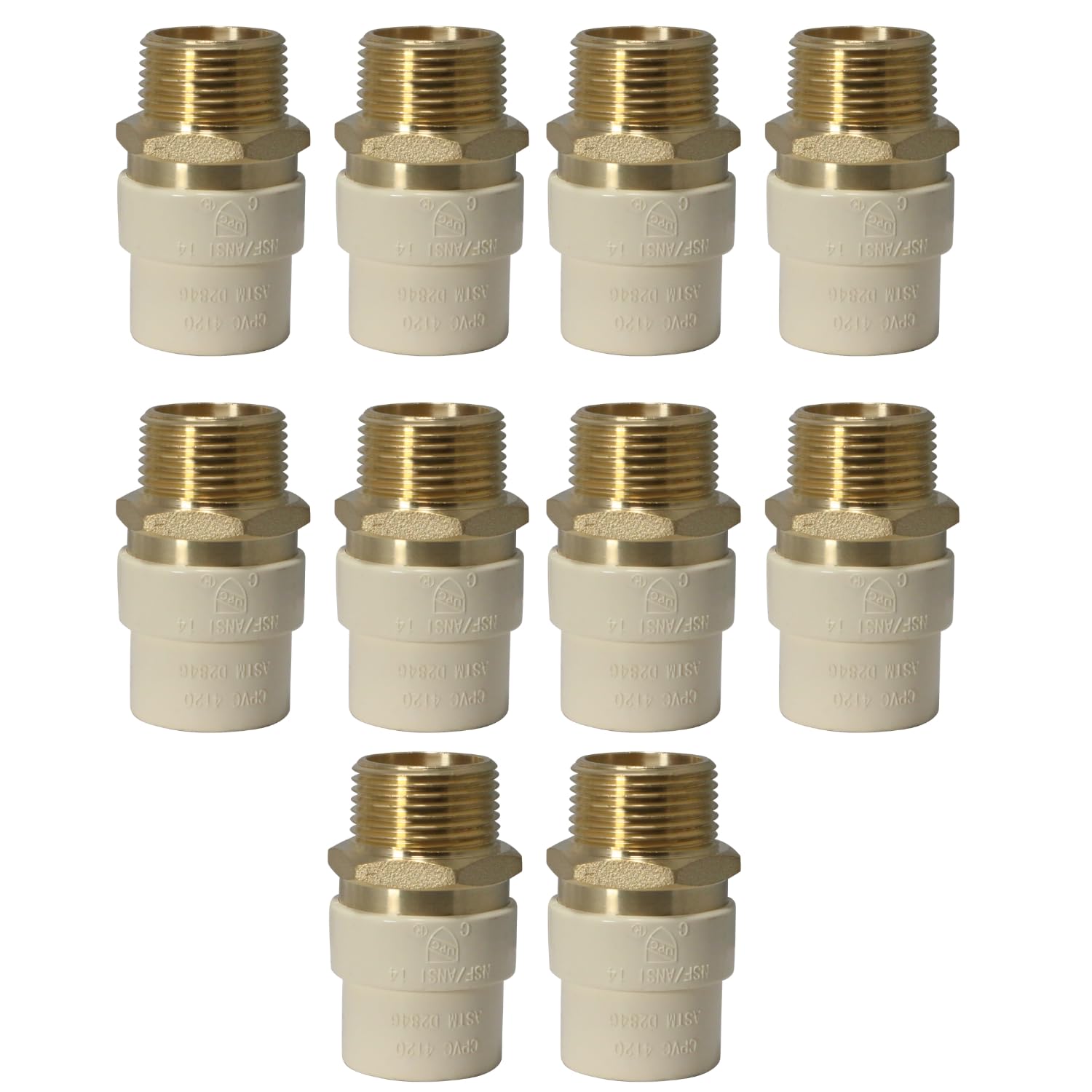 10 Stück 3/4 Zoll NPT x 3/4 Zoll CPVC Adapter, 1,9 cm CPVC Außenadapter, Messing, 10 Packungen