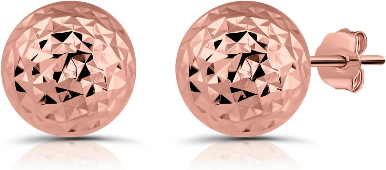 Hoops & Loops 925 Sterling Silver Diamond-Cut Ball Bead Stud Earrings for Women Men Teen Girls, 8mm or 10mm | Silver, Rose Gold & Yellow Gold
