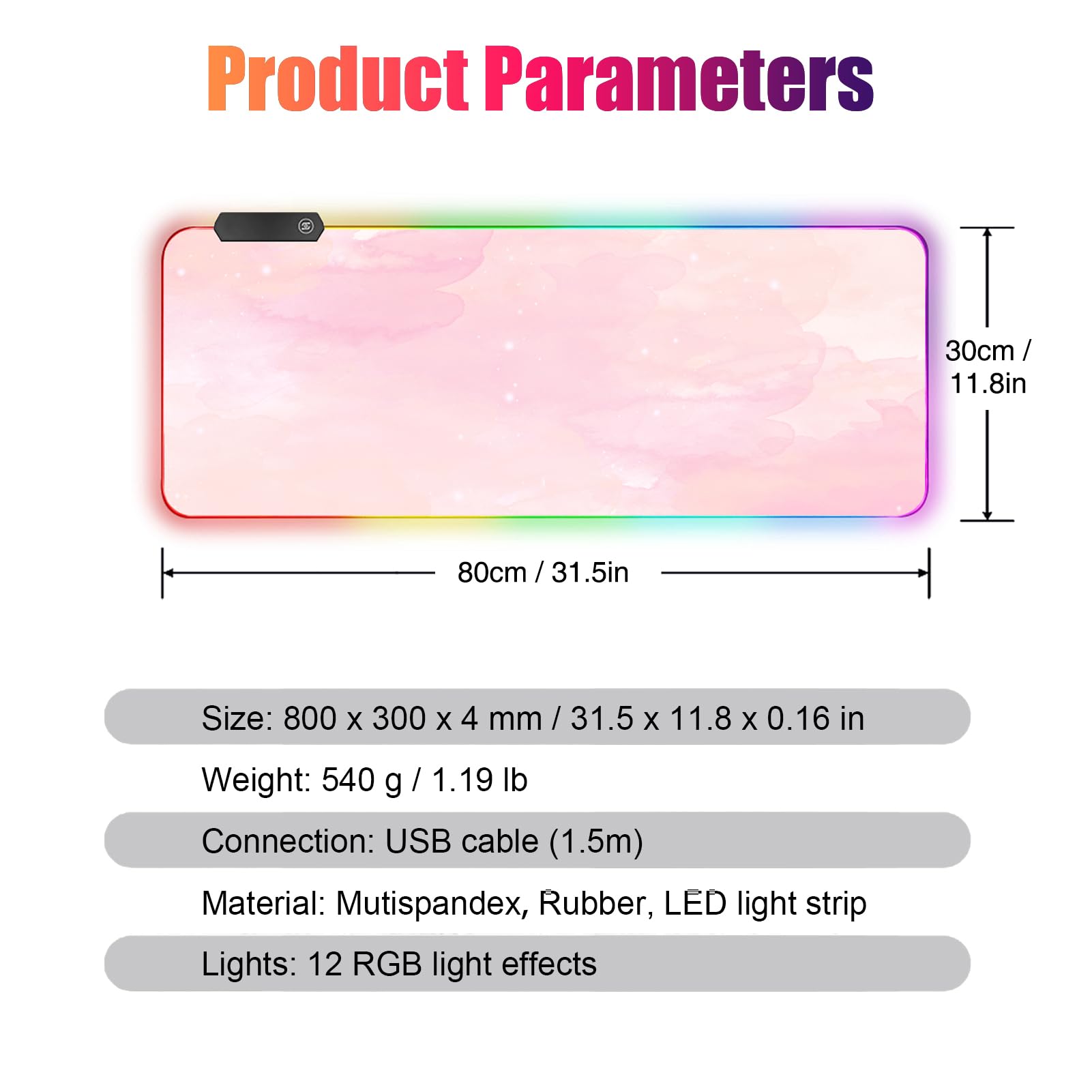 RGB, duża gamingowa podkładka pod mysz, rozszerzona podkładka pod mysz z 12 efektami świetlnymi, wodoodporna powierzchnia Mutispandex, antypoślizgowa gumowa podstawa, 80 x 30 cm (różowa mgławica)