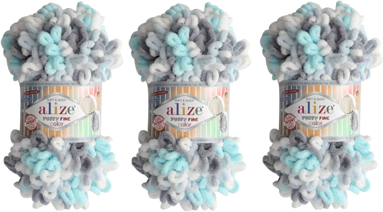Alize Puffy Fine Color Baby Blanket Yarn Lot of 3skn 300gr 48yds 100% Micropolyester Soft Yarn Hand Knitting Yarn Super Chunky Bulky Woven Worested Yarn (5945)