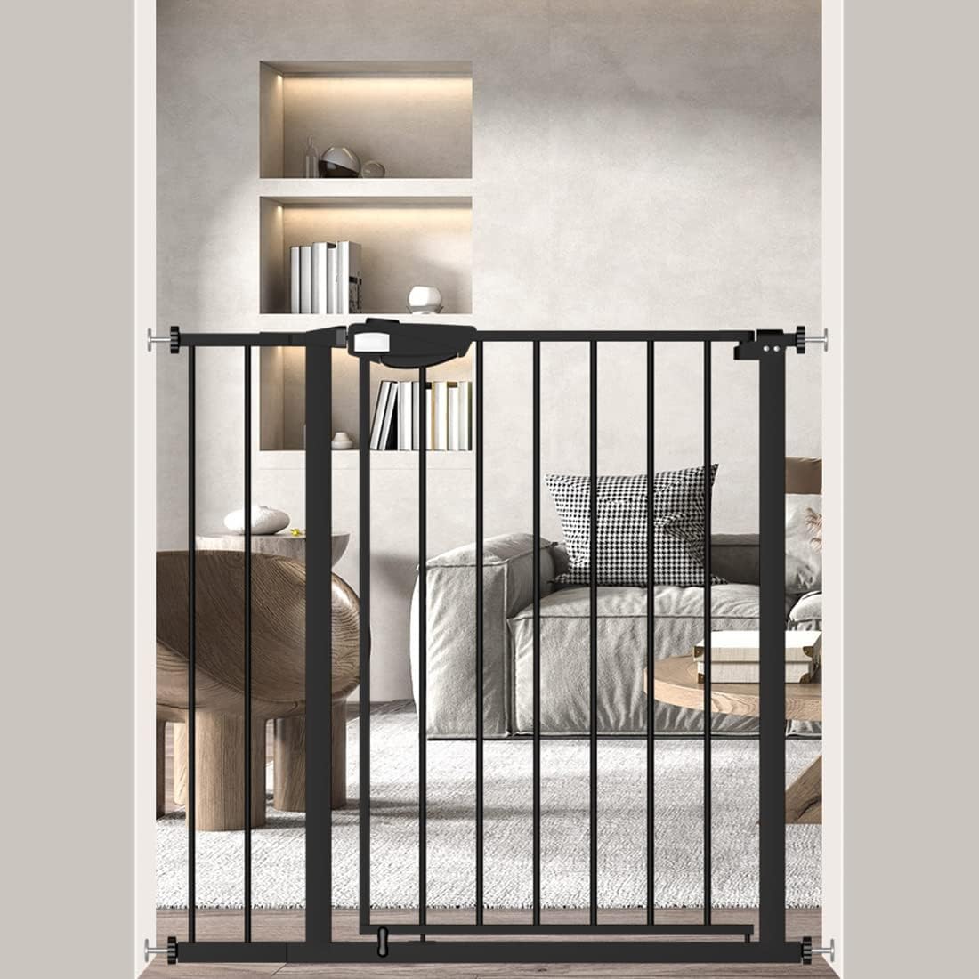 WAOWAO Triple Lock Baby Gate Extra Wide 35.04-38.97" Pressure Mounted Walk Through Swing Auto Close Safety Black Metal Dog Pet Puppy Cat for Stairs