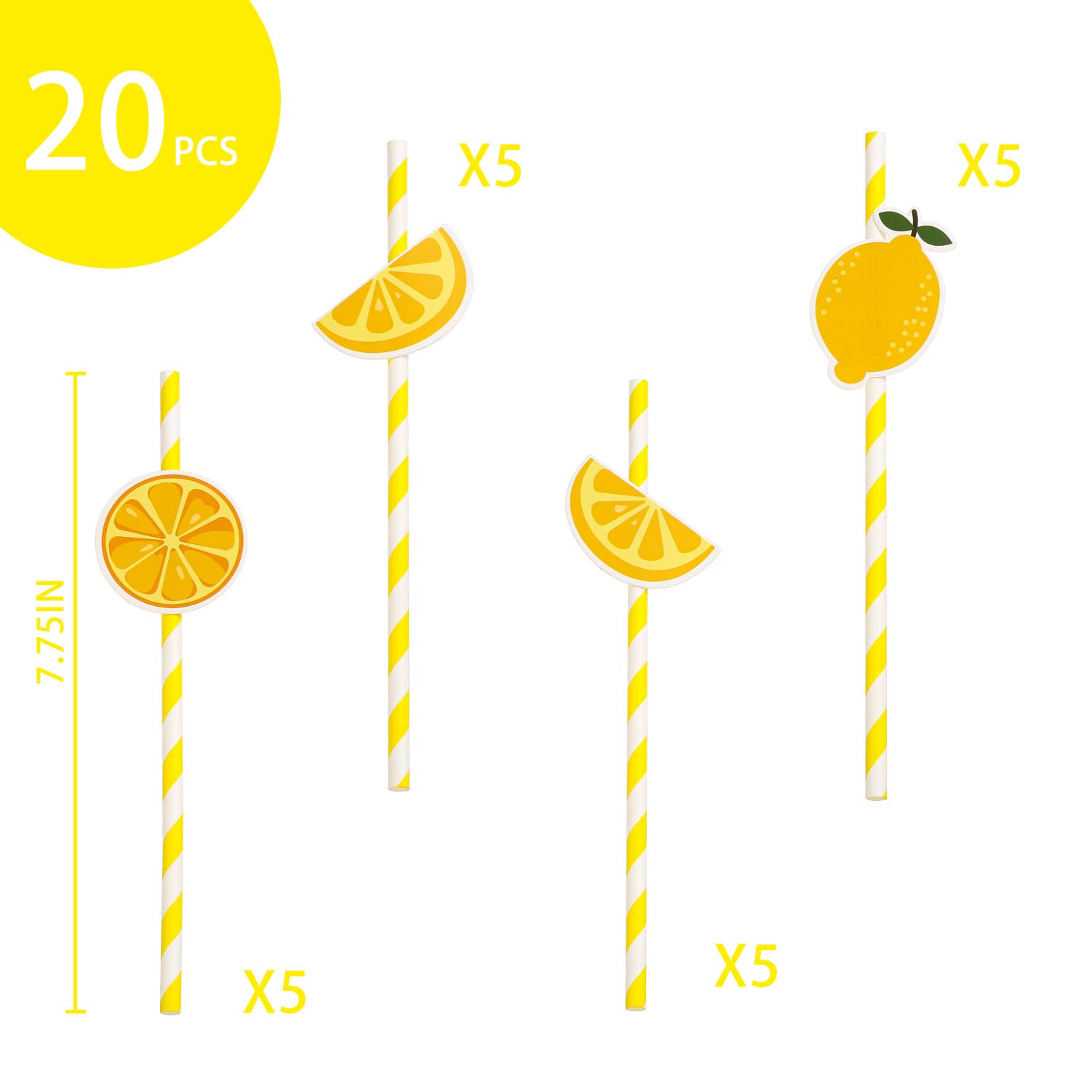Lemon Biodegradable Paper Straws?Lemon Birthday Party Striped Decorative Straws - Set of 20.