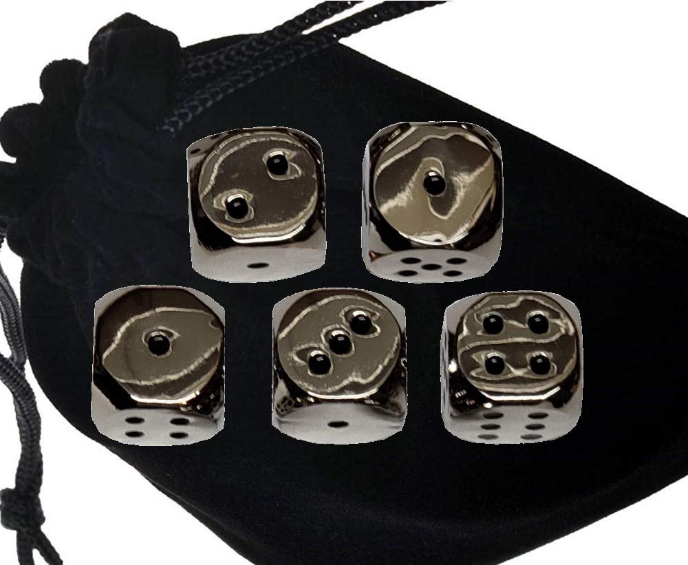 Cyber-Deals Lot de dés en cuir synthétique noir avec doublure en feutre noir + dés en alliage de zinc de 16 mm, boîte cadeau (nickel, noir)