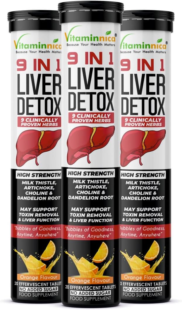 Vitaminnica Liver Detox 9-in-1 | Advanced Liver Cleanse & Support Formula | with Milk Thistle, Dandelion, Turmeric & More | Natural Orange Flavour | Promotes Detox, Digestion & Energy (Pack of 3)