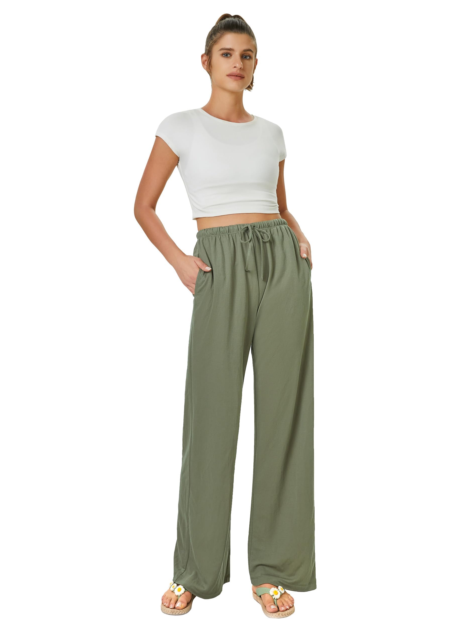 Glacspyg Damen Hosen Flowy Wide Leg Freizeithose Casual Beach Strandhose High Waisted Kordelzug Palazzo Hosen mit Taschen