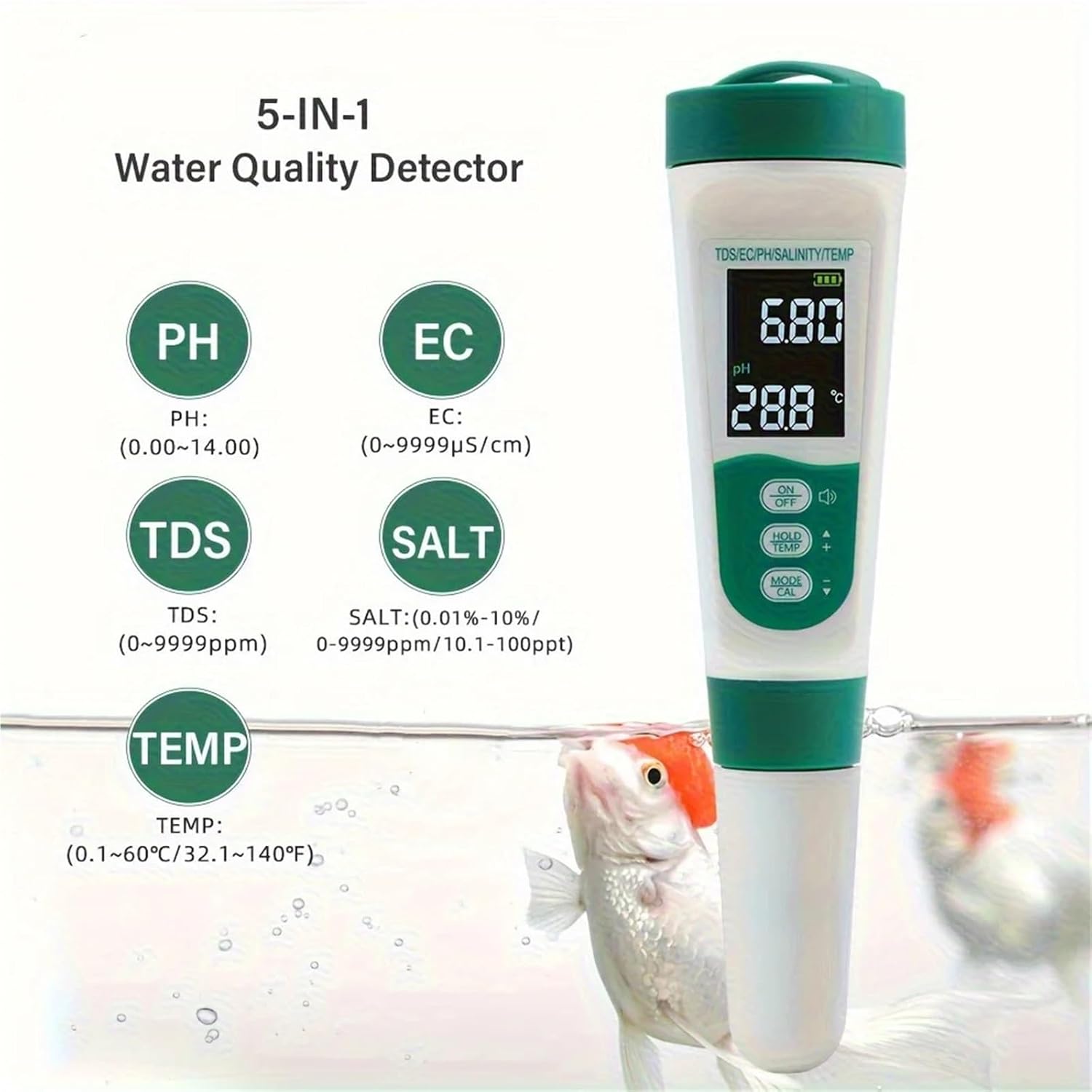 1pc 5-in-1 Water Quality Tester with Digital Display Multi-Parameter TDS/EC/Ph/Salt/Temp Tester, 0-999pps/µS/cm for Home, Pool