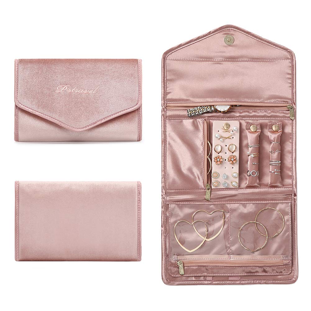 Vanfn Women's Velvet-Baby Pink Jewelry Rolls, Travel Jewelry Organizer Roll, Foldable Jewelry Case, Jewelry Storage Bag For Journey-Rings, Necklaces, Earrings, Bracelets, Watches, Brooches P.travel Series