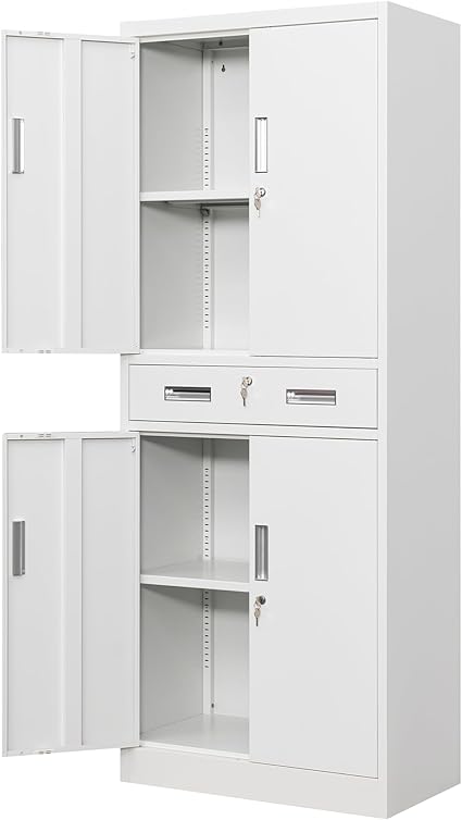 Metal Storage with 1 Drawer, 71" Cabinet with 4 Locking Doors and 2 Adjustable Shelves, Steel Storage File Cabinet for Pantry, Kitchen, Office, Garage (White)