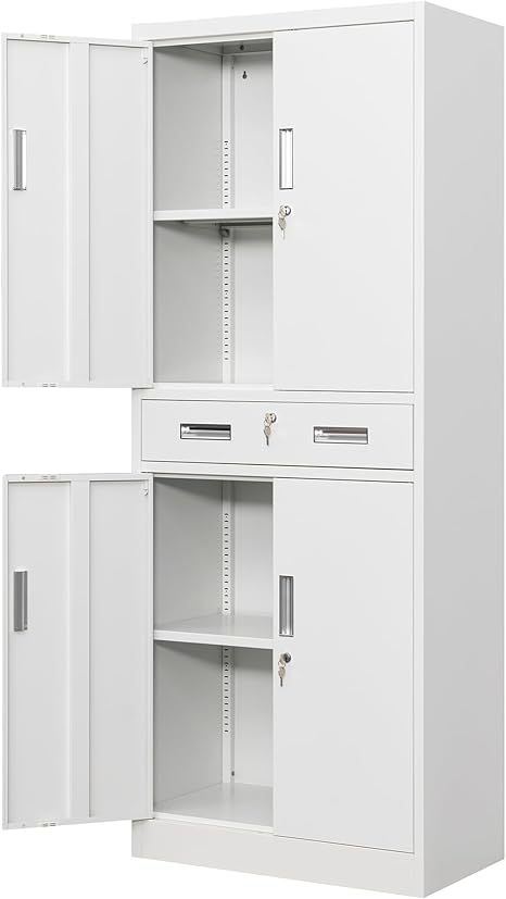 Metal Storage with 1 Drawer, 71" Cabinet with 4 Locking Doors and 2 Adjustable Shelves, Steel Storage File Cabinet for Pantry, Kitchen, Office, Garage (White)