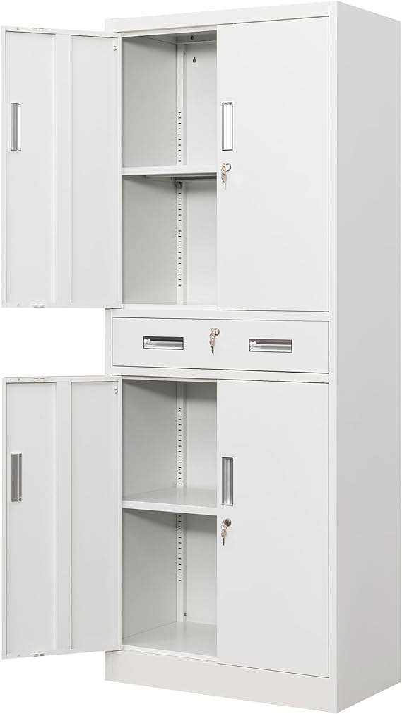 Metal Storage with 1 Drawer, 71" Cabinet with 4 Locking Doors and 2 Adjustable Shelves, Steel Storage File Cabinet for Pantry, Kitchen, Office, Garage (White)