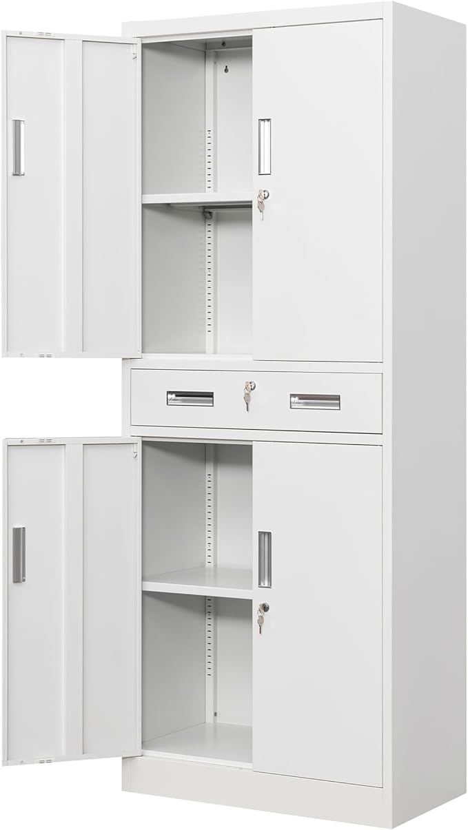 Metal Storage with 1 Drawer, 71" Cabinet with 4 Locking Doors and 2 Adjustable Shelves, Steel Storage File Cabinet for Pantry, Kitchen, Office, Garage (White)