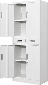 Metal Storage with 1 Drawer, 71" Cabinet with 4 Locking Doors and 2 Adjustable Shelves, Steel Storage File Cabinet for Pantry, Kitchen, Office, Garage (White)