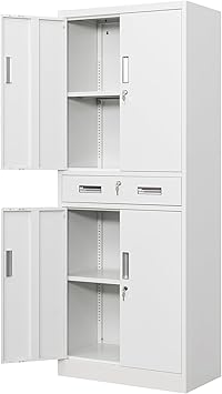 Metal Storage with 1 Drawer, 71" Cabinet with 4 Locking Doors and 2 Adjustable Shelves, Steel Storage File Cabinet for Pantry, Kitchen, Office, Garage (White)