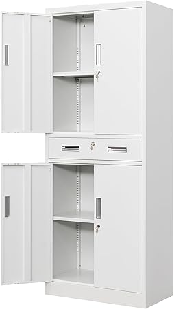 Metal Storage with 1 Drawer, 71" Cabinet with 4 Locking Doors and 2 Adjustable Shelves, Steel Storage File Cabinet for Pantry, Kitchen, Office, Garage (White)