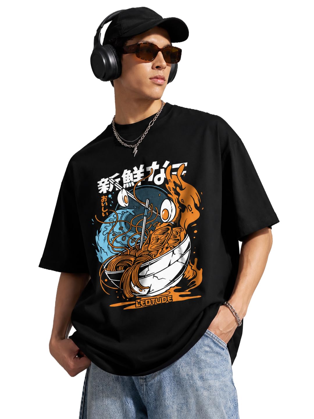 leotude Men’s Premium T-Shirt | 100% Pure Cotton Oversized Baggy Fit Drop Shoulder Cool Typographic Print T-Shirt for Men (Color : Black)-picture-46