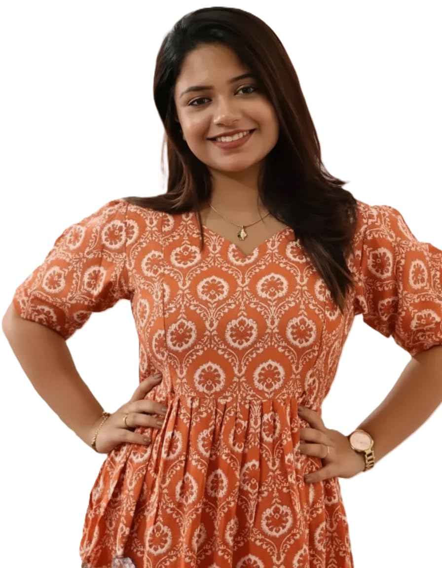 Women's Rayon Maternity Long Feeding Dress with Concealed Nursing Zip, Orange Printed, for Breastfeeding and Pregnancy