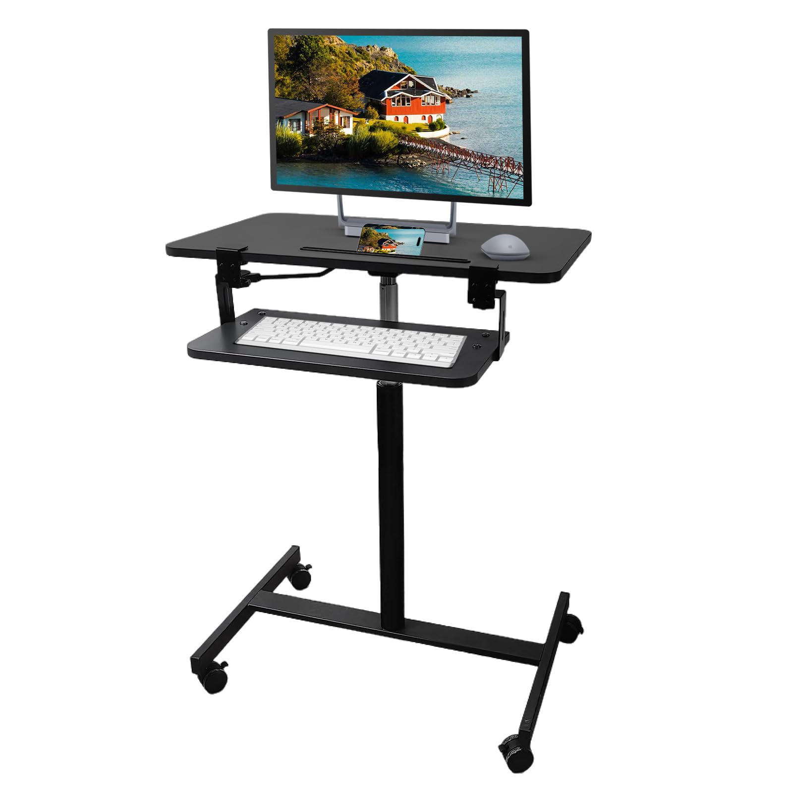 Mobile Standing Desk,Rolling Desk Adjustable Height,Laptop Cart on Wheels  with Keyboard Tray&Monitor Stand Riser,Overbed Table for Home,Office,Podium