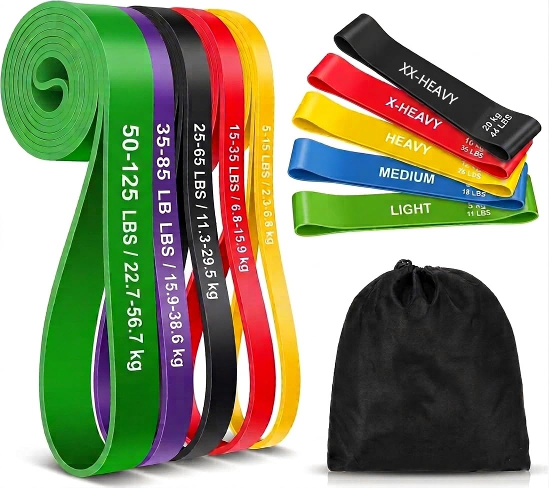 Lot de 12 bandes de résistance pour entraînement de musculation avec ancrage de porte et poignées - Bandes de fitness et de gymnastique pour physiothérapie, yoga, pilates, tractions - Pour homme et
