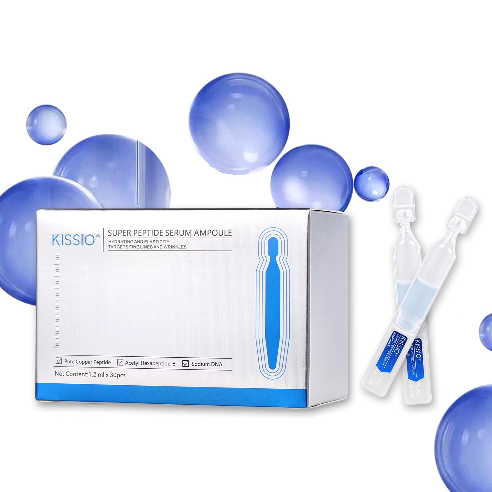 KISSIO Super Peptide Serum Ampoule,Face Moisturiser with Copper Tripeptides,Collagen and Peptides,Hydration and Elasticity,Rejuvenating Facial Serum for Fine Lines and Wrinkles,Makeup Base,30 Ampoule