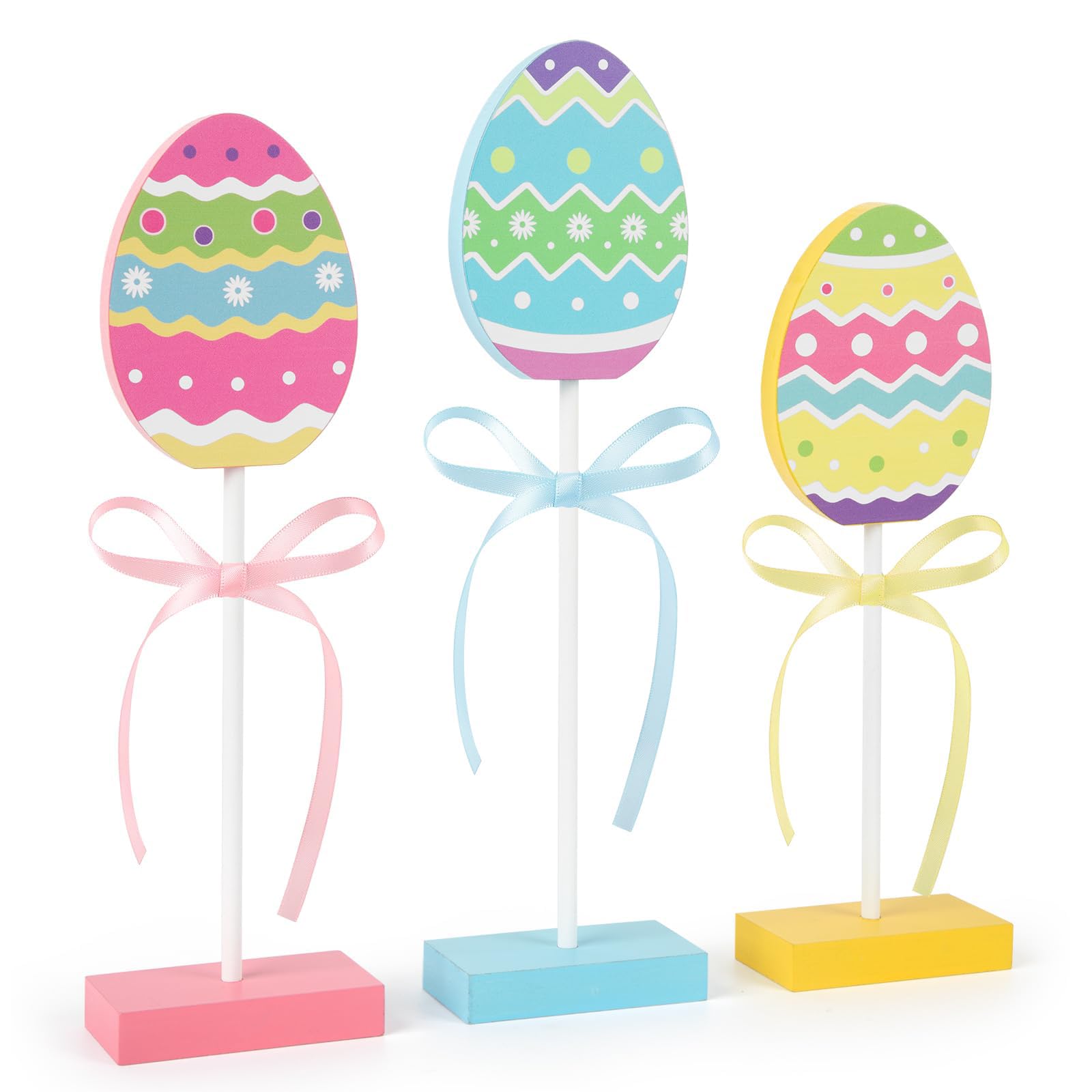 3 Pieces Easter Tiered Tray Decor Wooden Easter Eggs Decor Colorful easter Table Decorations for Day Home gifts ornaments Farmhouse Kitchen Decorations Spring garden Mantel Shelf or Party Display