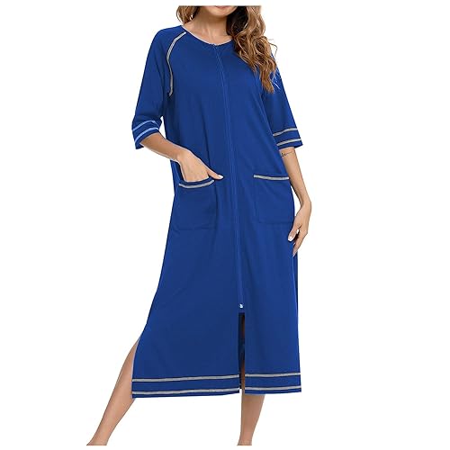 2025 Womens Zipper Front 3/4 Sleeves Robe Loungewear Full Length