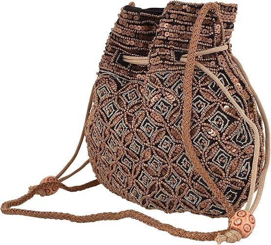 Craft Trade Women's Cotton Embroidered Potli Bag with Drawstring and Pearl Handle Pouch Golden Work Ladies Purse for Bridal - Image 4