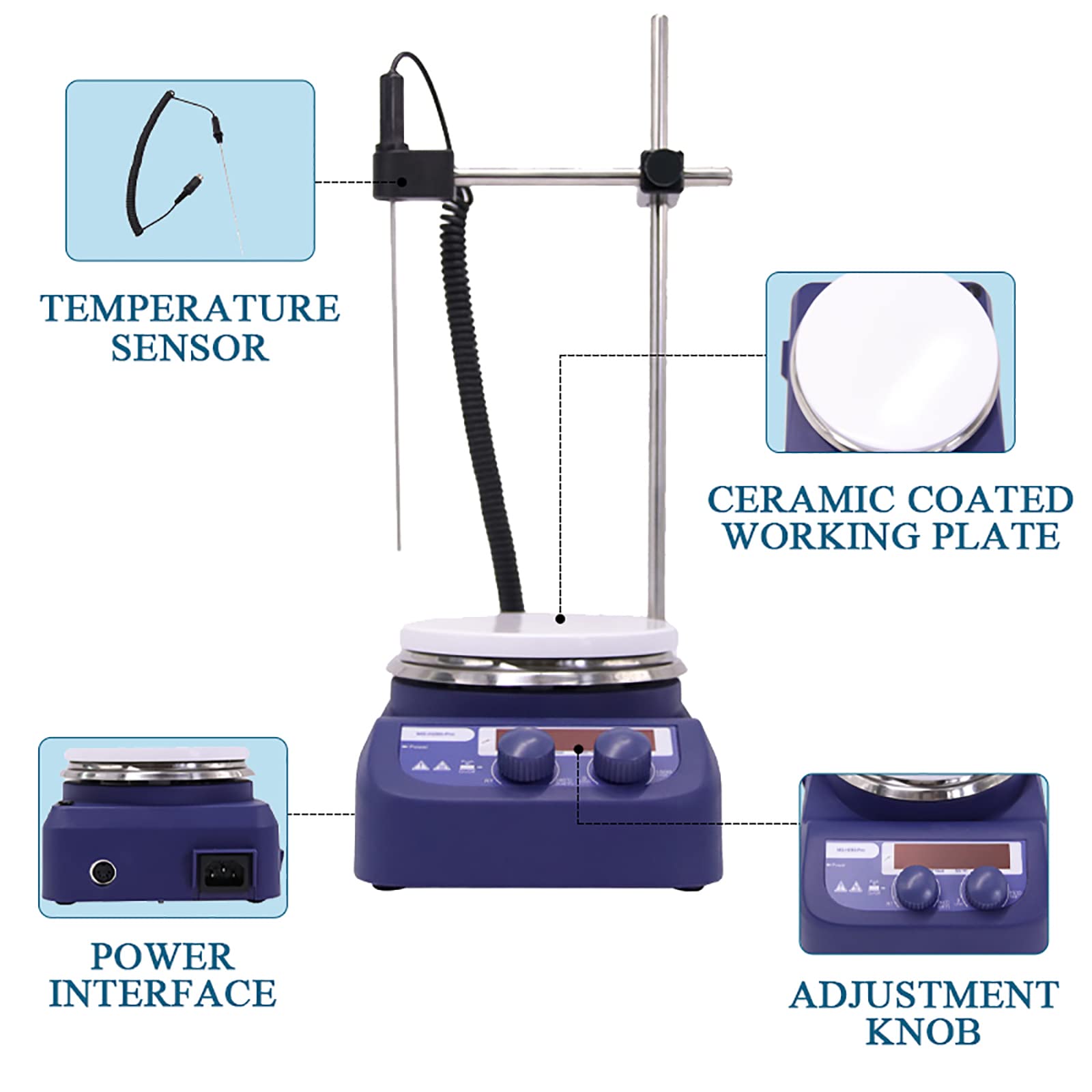 Agitador magnético Mezclador magnético Agitador con Pantalla Digital, Agitador magnético con calefacción con Pantalla LED, sonda de Temperatura y Soporte, 100-1500 RPM, Capacidad máxima de a
