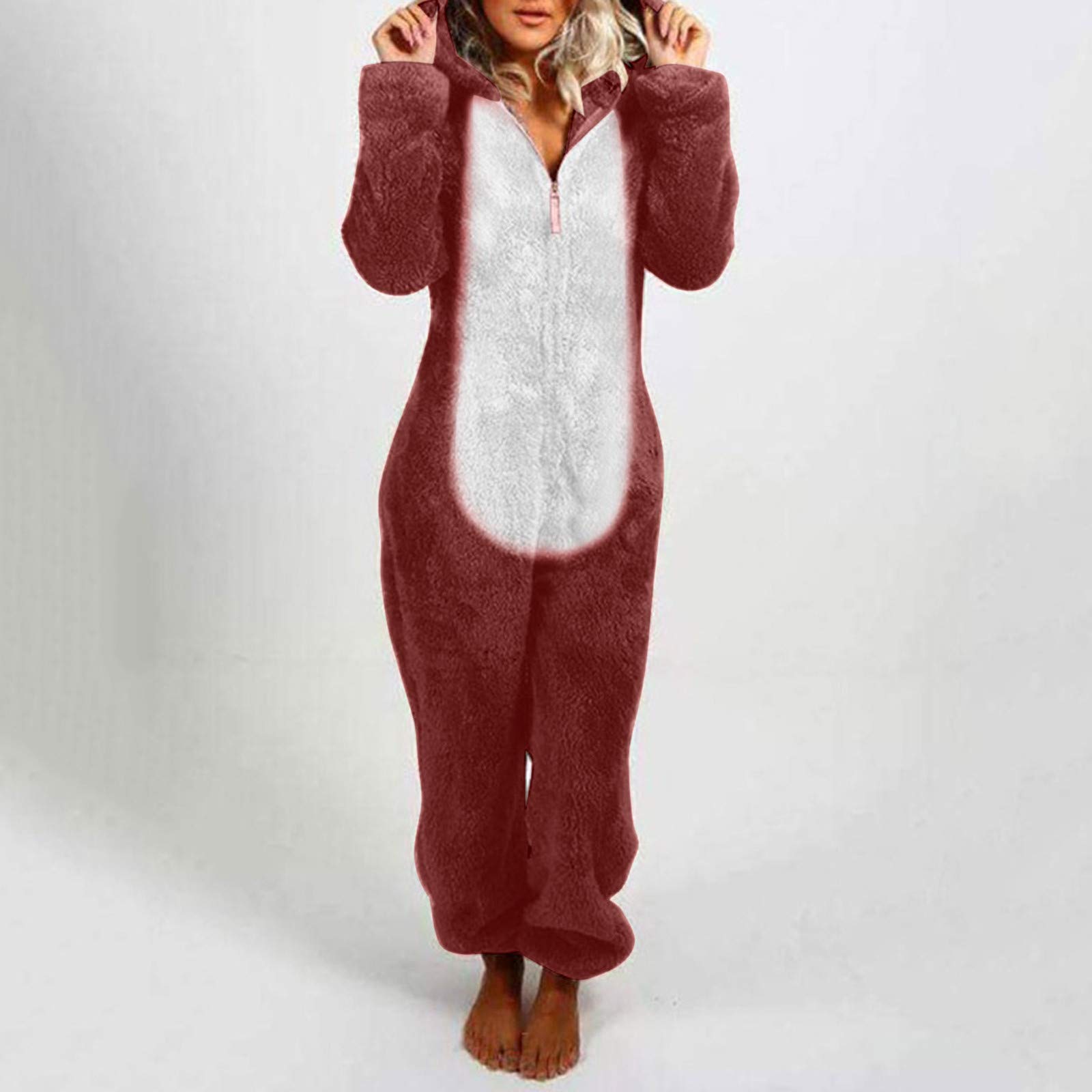 Onesie - Tutina da donna in pile, casual, tinta unita, per adulti e donne, pigiama, a maniche lunghe, con orsacchiotto, in pile, Vino, s