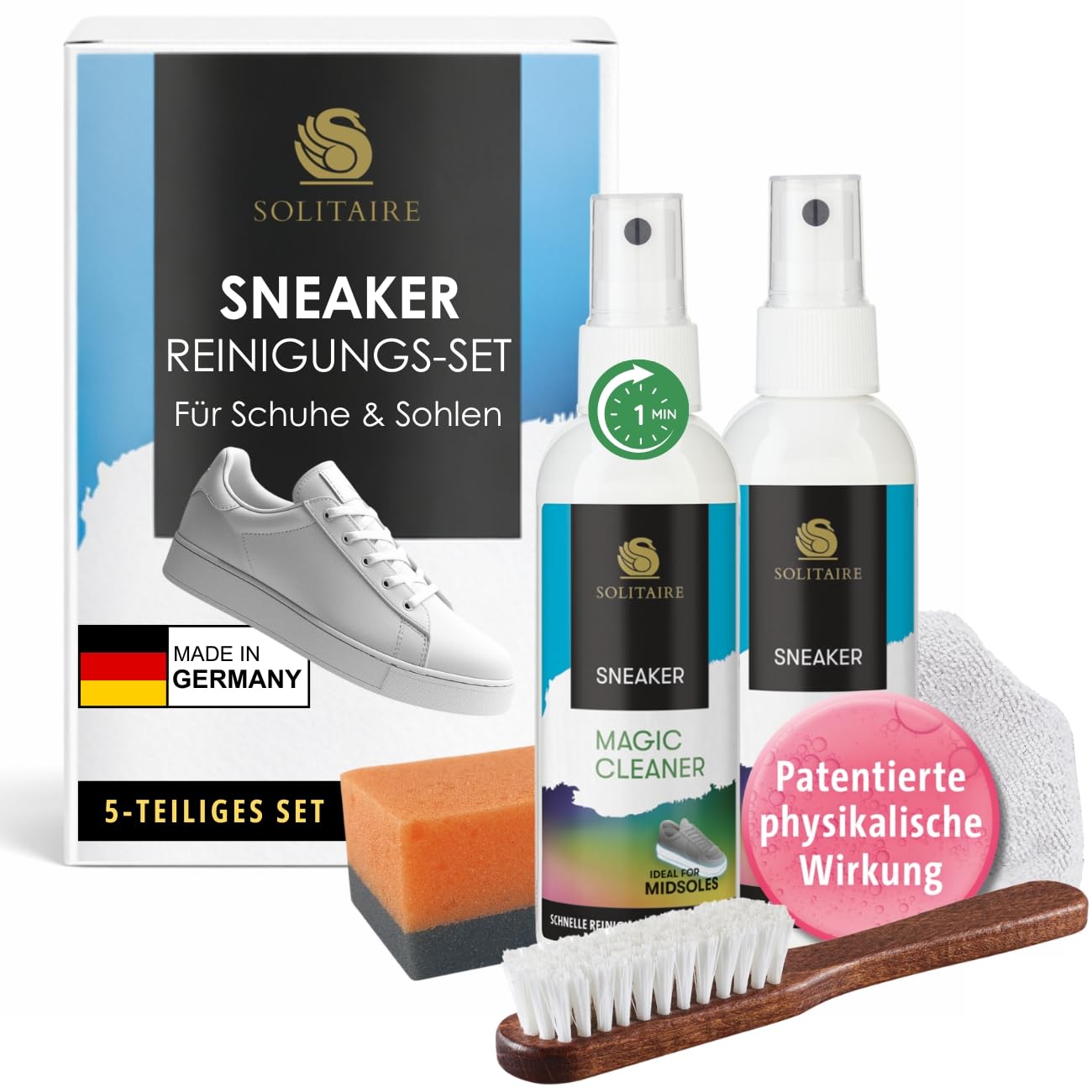 SOLITAIRE Magic Cleaner Reinigungs Set, 2x Magic Cleaner 100 ml + GRATIS Microfasertuch, Sneaker Bürste und Schwamm, Sneaker Starter Set, Schuhputzset, Made in Germany