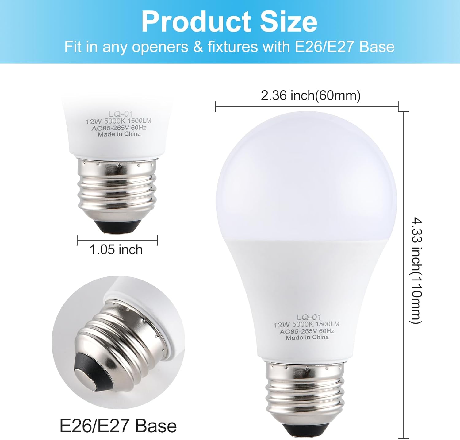 4PK Garage Door Opener Light Bulbs, 5000K Daylight, 1500LM Ultra Bright, Minimize Interference, Compatible with Most Garage Door Openers, 12W, 120V, A19 Bulbs with E26 Base