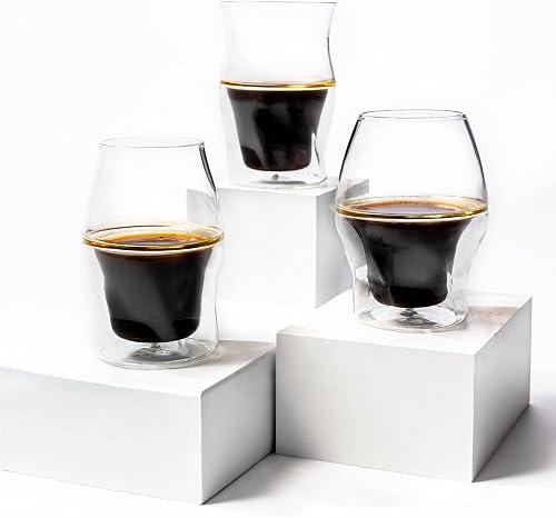 ICOSA Brewhouse AVENSI Coffee Enhancing Glassware Cups - Complete Set: 3 Glasses (VIDA, SENTI, ALTO), with Felt Coasters, Polishing Cloth and Brew Guide