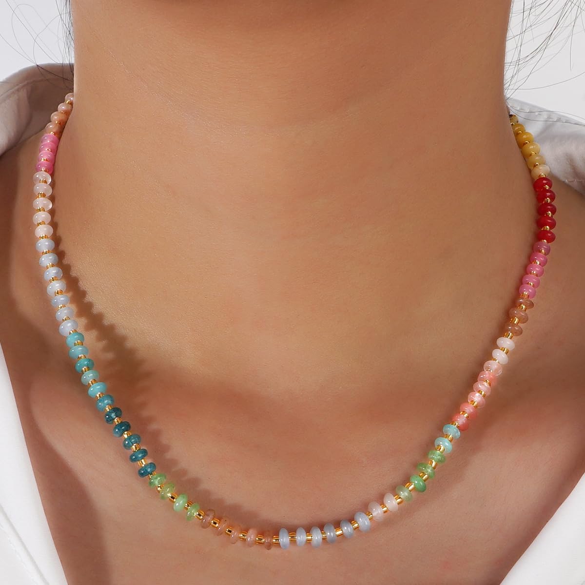 Colorful Gemstone Necklace with Crystal and Natural Stone Beads - Bohemian Y2k Surfer Beach Necklace for Women and Men - Image 3