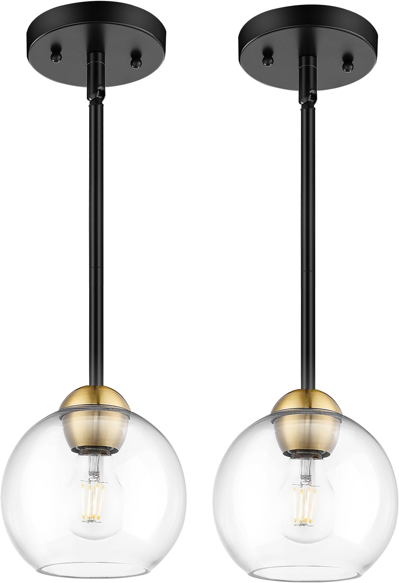 Emak 2 Pack Black and Gold Pendant Light Fixtures, Modern 7 Inch Globe Pendant Lights Kitchen Island with Clear Glass Shade, 1 Light Hanging Lights for Kitchen, Bedroom, Bathroom, PL119-BKBGD-2PK