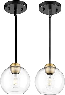 Emak 2 Pack Black and Gold Pendant Light Fixtures, Modern 7 Inch Globe Pendant Lights Kitchen Island with Clear Glass Shad...