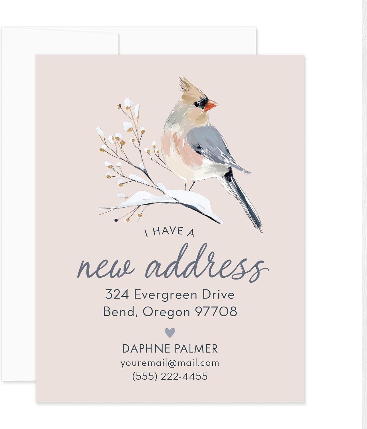 Winter New Address Cards 4.25x5.5, Personalized Moving Announcement Notecards, Custom Flat New Home Cards with Bird Design and White Envelopes
