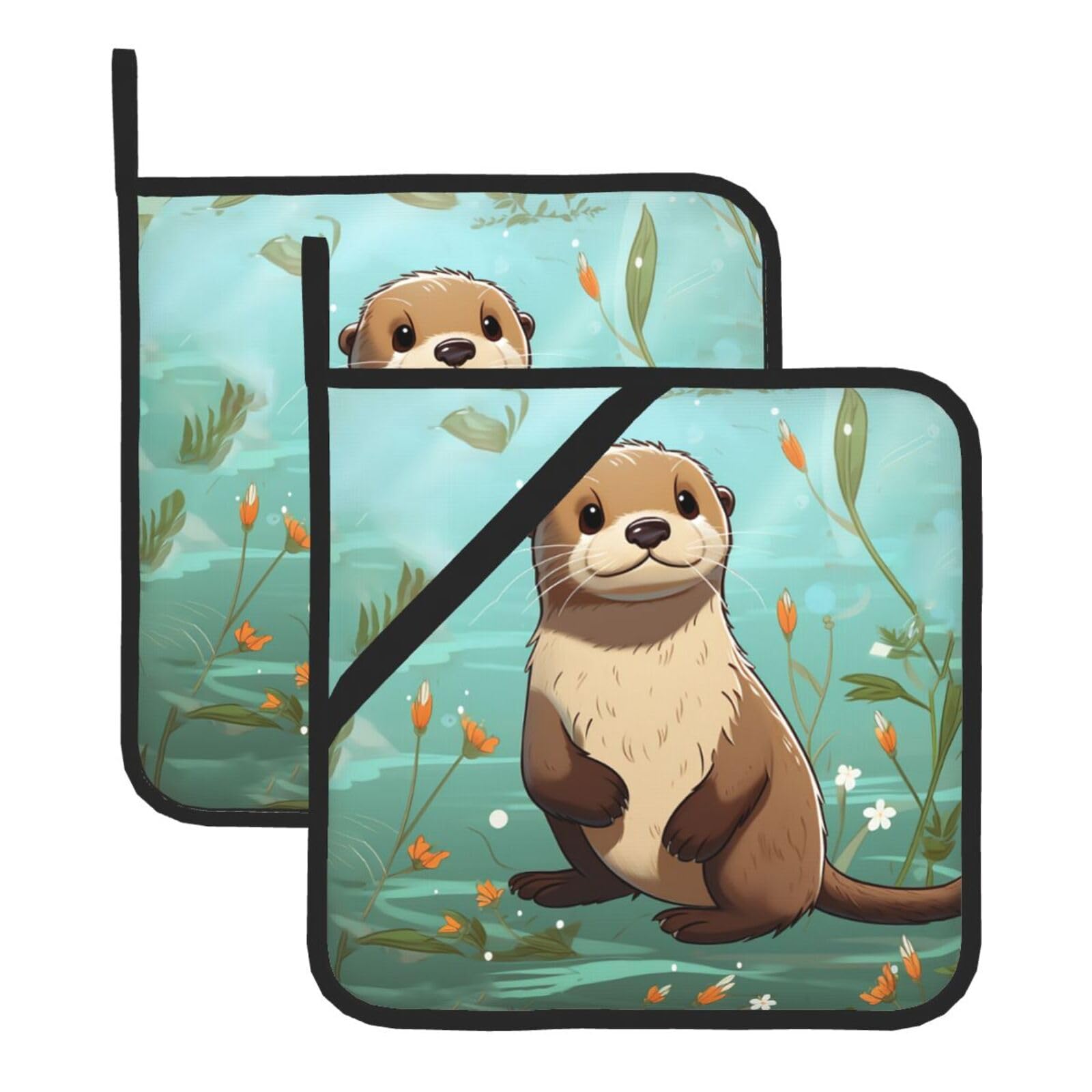 2Pcs Pot Holders for Kitchen Heat Resistant Potholder Cartoon Cute Otter Hot Pads for Countertops Oven Pot Holders for Cooking Baking Kitchen Hot Mat Trivet 8 inch Hot Pad
