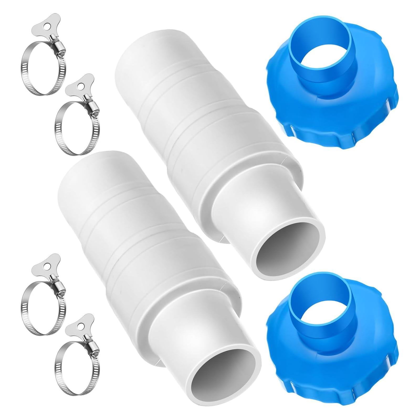 DFHINSC Skimmer Hose Adapter Pack for Home Pools with 1-1/4 to 1-1/2 Inch Fit, Vacuum and Filter Side Couplers with 2 Adapters 4 Clamps for Pool Upkeep