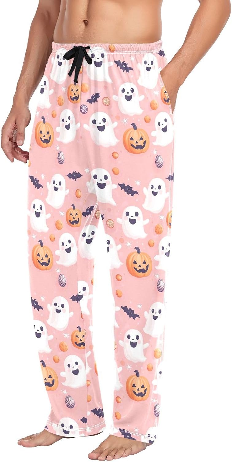 Pink Halloween Ghost Men Cotton Flannel Pajama Pants Pumpkins Mens Lounge Sleep PJ Bottoms XL