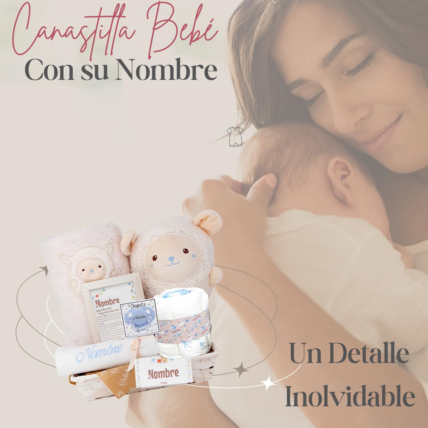 Canastilla Bebé Recién Nacido Happy Ovejita Peluche Pañales | Cesta con manta suave, peluche ovejita, muselina bordada con el nombre, marco del significado y pastel de pañales