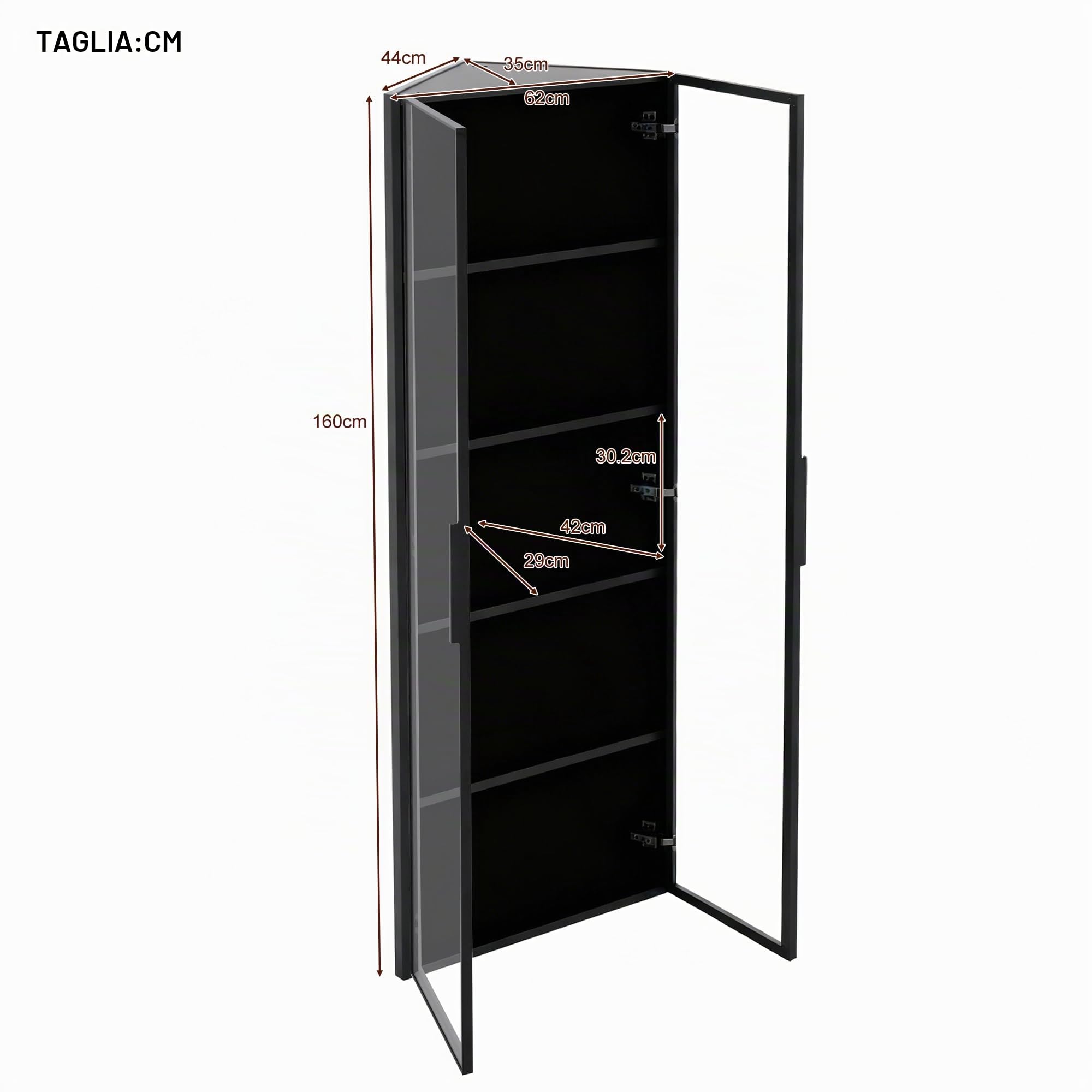 Vetrina in vetro a LED, 62 x 35 x 160 cm, nera, con strisce luminose integrate, vetrina in vetro temperato resistente alla polvere, con elementi angolari con ante – armadio ad angolo, libreria