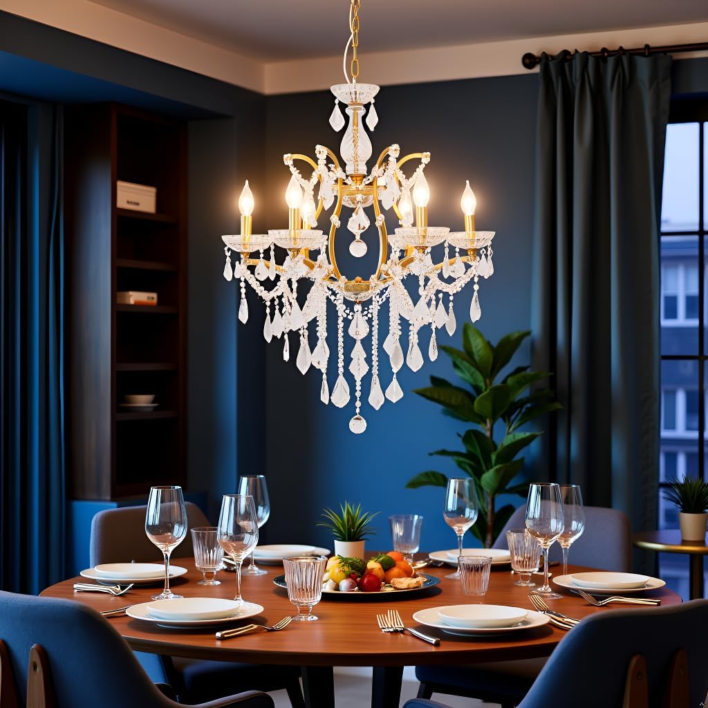 Luxury Copper Crystal Chandelier, 24" Vintage K9 Crystal Pendant Light with 6 Lights, Antique Brass Finish Ceiling Light Fixture with Scrolled Arms for Dining Room Living Room Foyer Villa Hotel