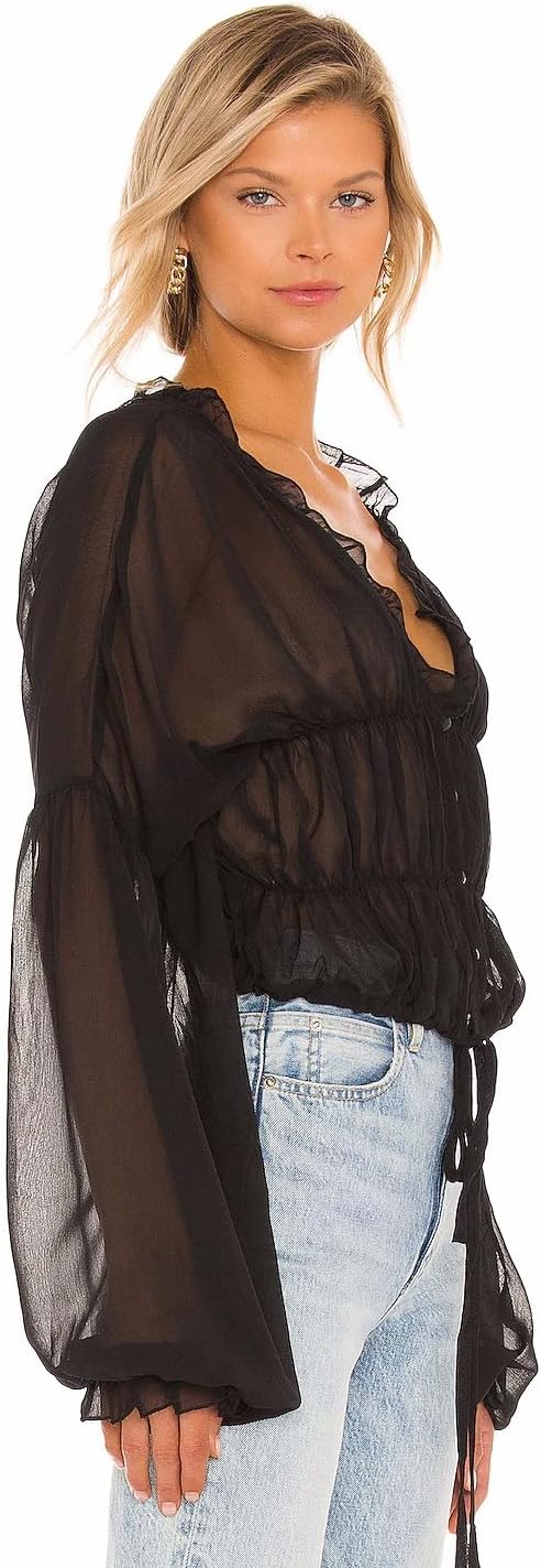 NIFTRIRY Crop Top Sheer See Through Tops for Women Long Puff Sleeve Chiffon Blouses for Women - Image 2