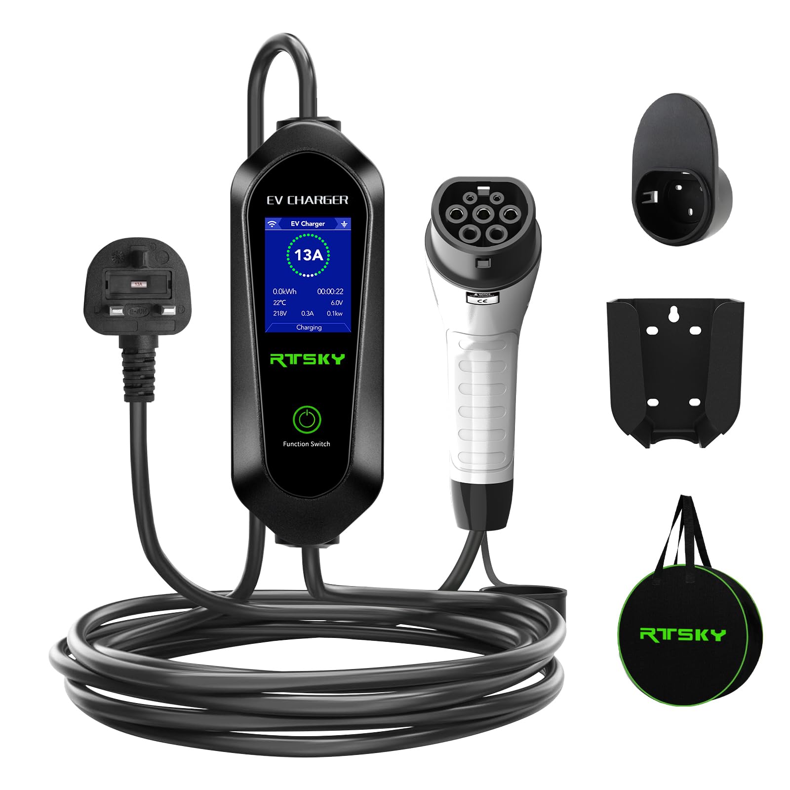 RTSKY Ev Charger Cable Type 2 to 3 Pin UK Plug 5M, 3KW 13A with Adjustable Current, Includes UI Display Screen, Storage Bag & Wall Mount